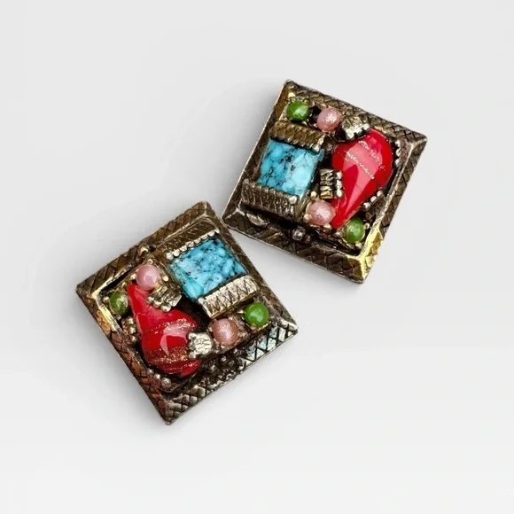 SELRO SELINI Vintage Multicolor Glass Cabochon Panel Bracelet and Earrings Set. - Picture 10 of 16